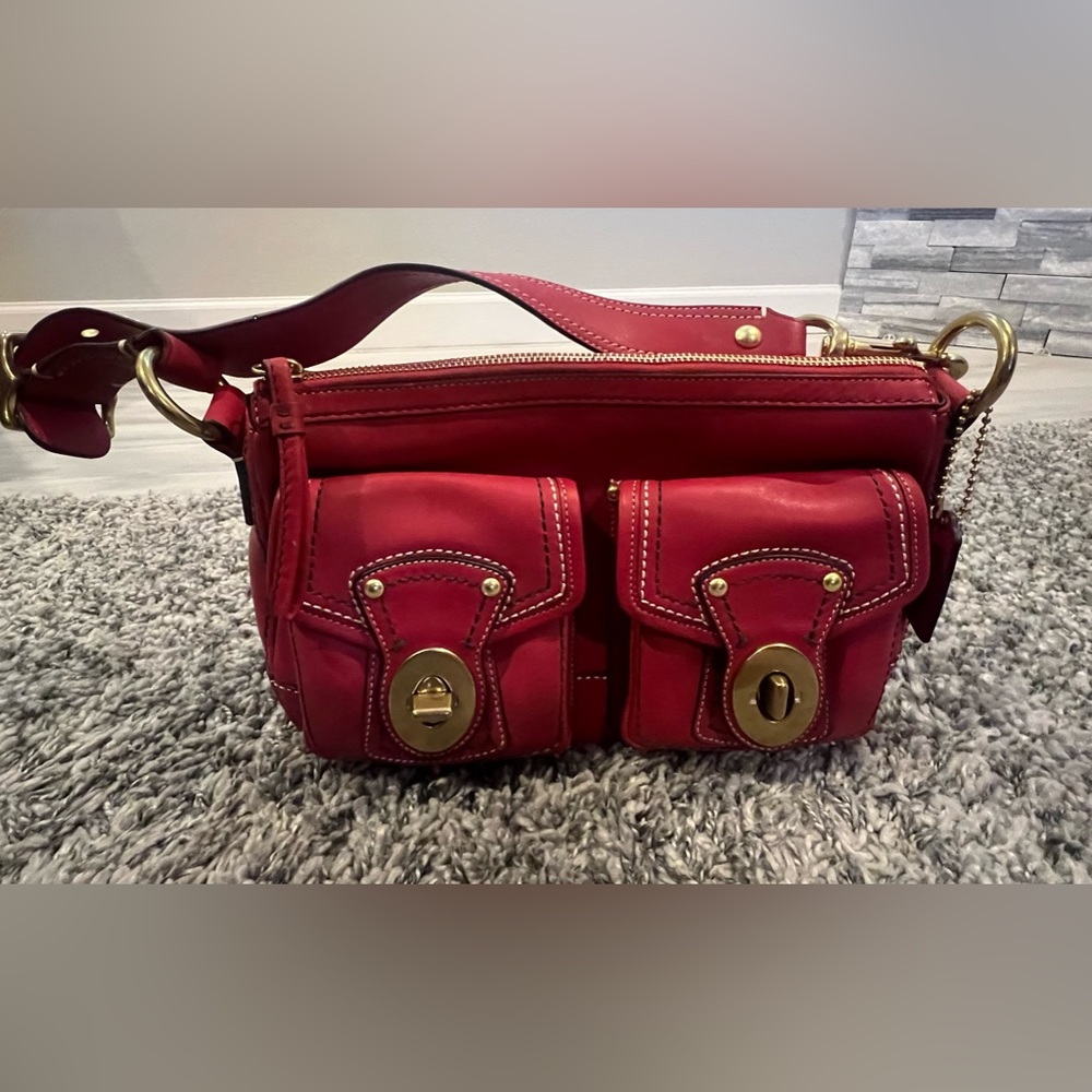Dark Pink Leather Coach Shoulder Bag